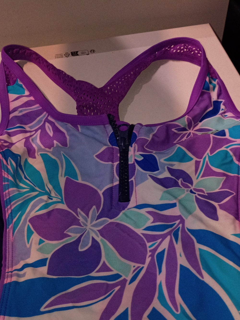 Champion Girls' Purple Floral Zip-Front One-Piece Swimsuit with Aqua Accents
